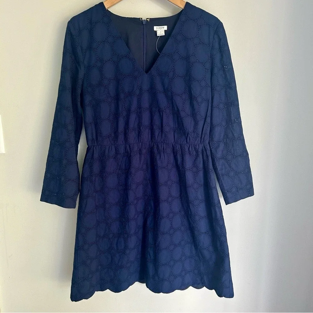 J Crew Eyelet Navy Blue Dress Long Sleeve V Neck Elastic Waist Size 6